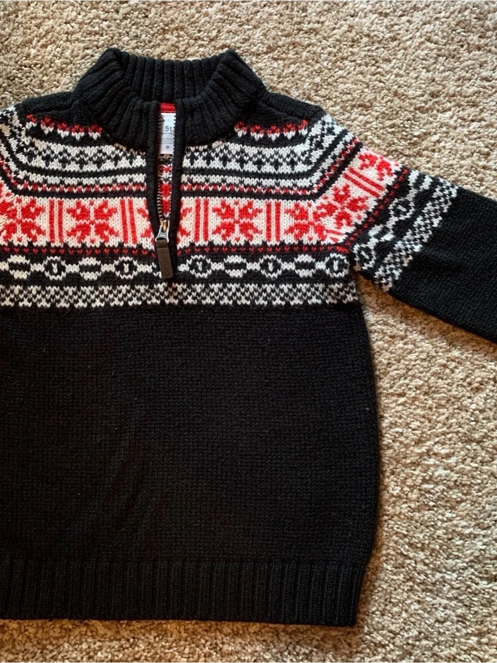 Black Fair Isle Half-Zip Sweater with Red and White Pattern size 5t carters